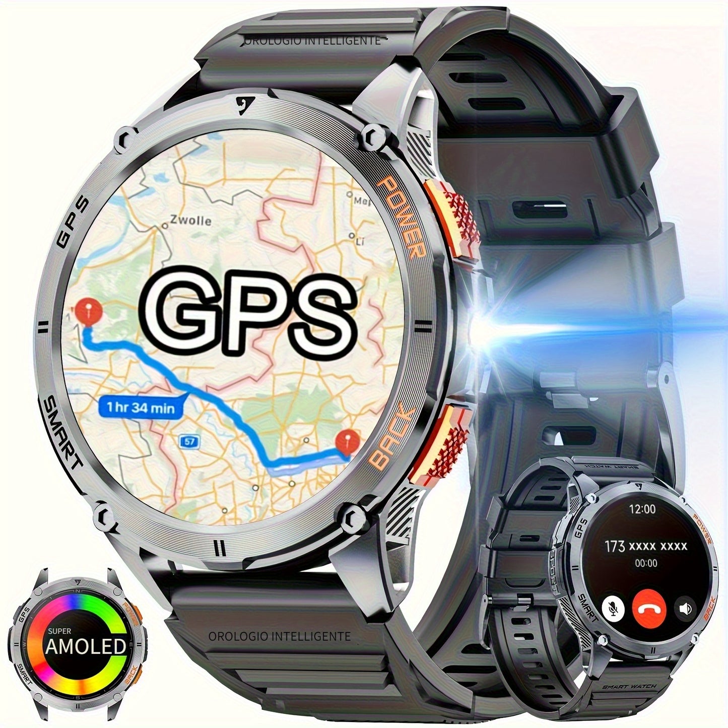 Smart Watch con posizionamento GPS reale, grande capacità di batteria, schermo touch HD AMOLED da 1,43 pollici, chiamata wireless, modalità sportiva, torcia LED, smart watch da esterno