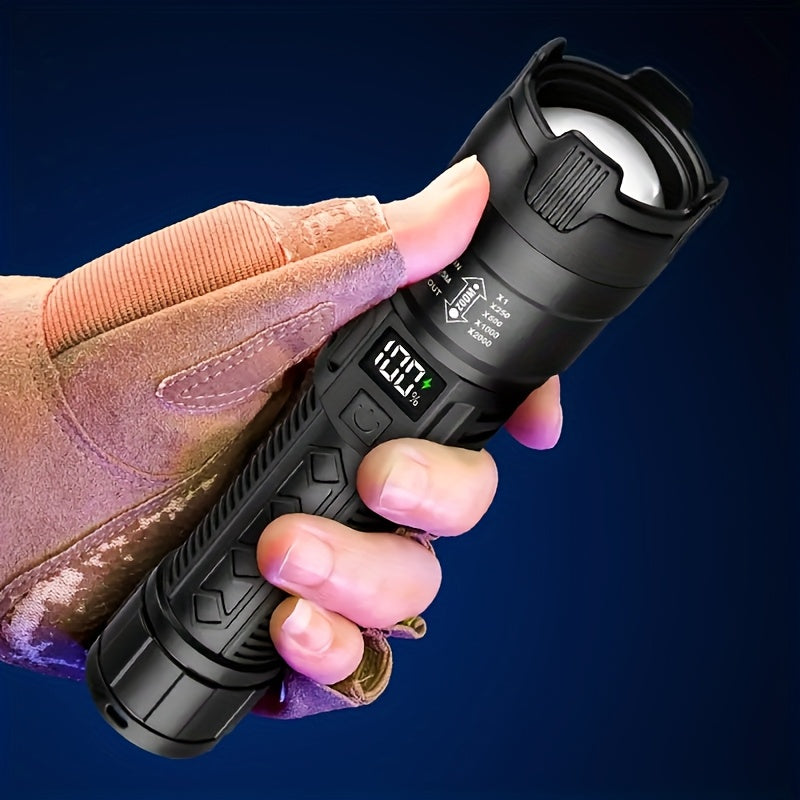 Set di 2 torce LED ricaricabili, design compatto con zoom regolabile e indicatore del livello di batteria, che offre tre opzioni di illuminazione adatte per attività all'aperto, campeggio, lavoro e situazioni di emergenza.