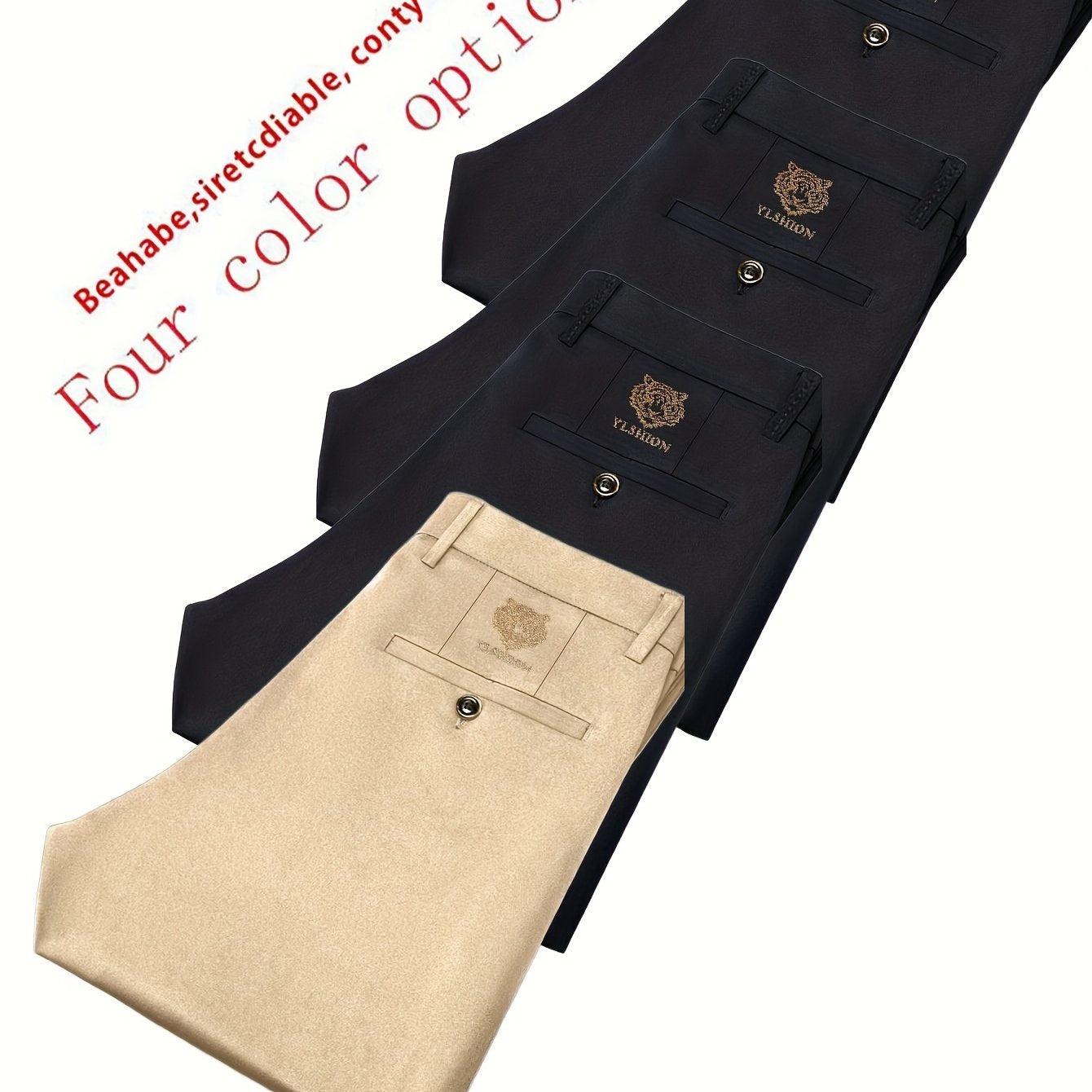 4pcs Pantaloni Eleganti Casual da Uomo a Gamba Dritta - Tessuto Elasticizzato Poliestere/Elastan, Tasche con Stampa Animalier, Comfort per Tutte le Stagioni, Solo Lavaggio a Mano (Beige/Navy/Grigio Carbone/Rosso)