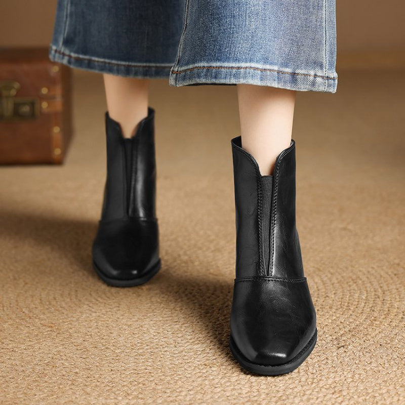 Stivali alla caviglia da donna con tacco grosso autentico - Marroni, punta rotonda, chiusura con zip, stivali comodi con tacco medio per outfit casual e formali, calzature versatili autunno inverno, calzature formali, design elegante dello stivale, suola
