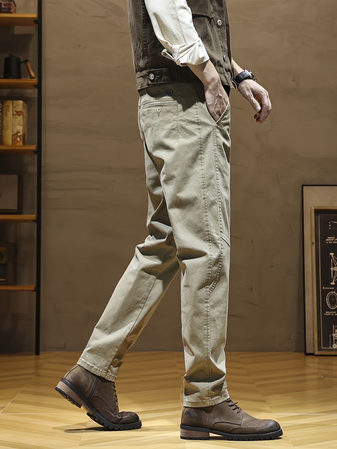 Pantaloni casual da uomo - Pantaloni beige/marrone, abbigliamento quotidiano e formale per tutte le stagioni, vestibilità regolare, abbigliamento formale non elasticizzato, abbigliamento per ufficio e casual facile da curare, abbigliamento versatile, desi