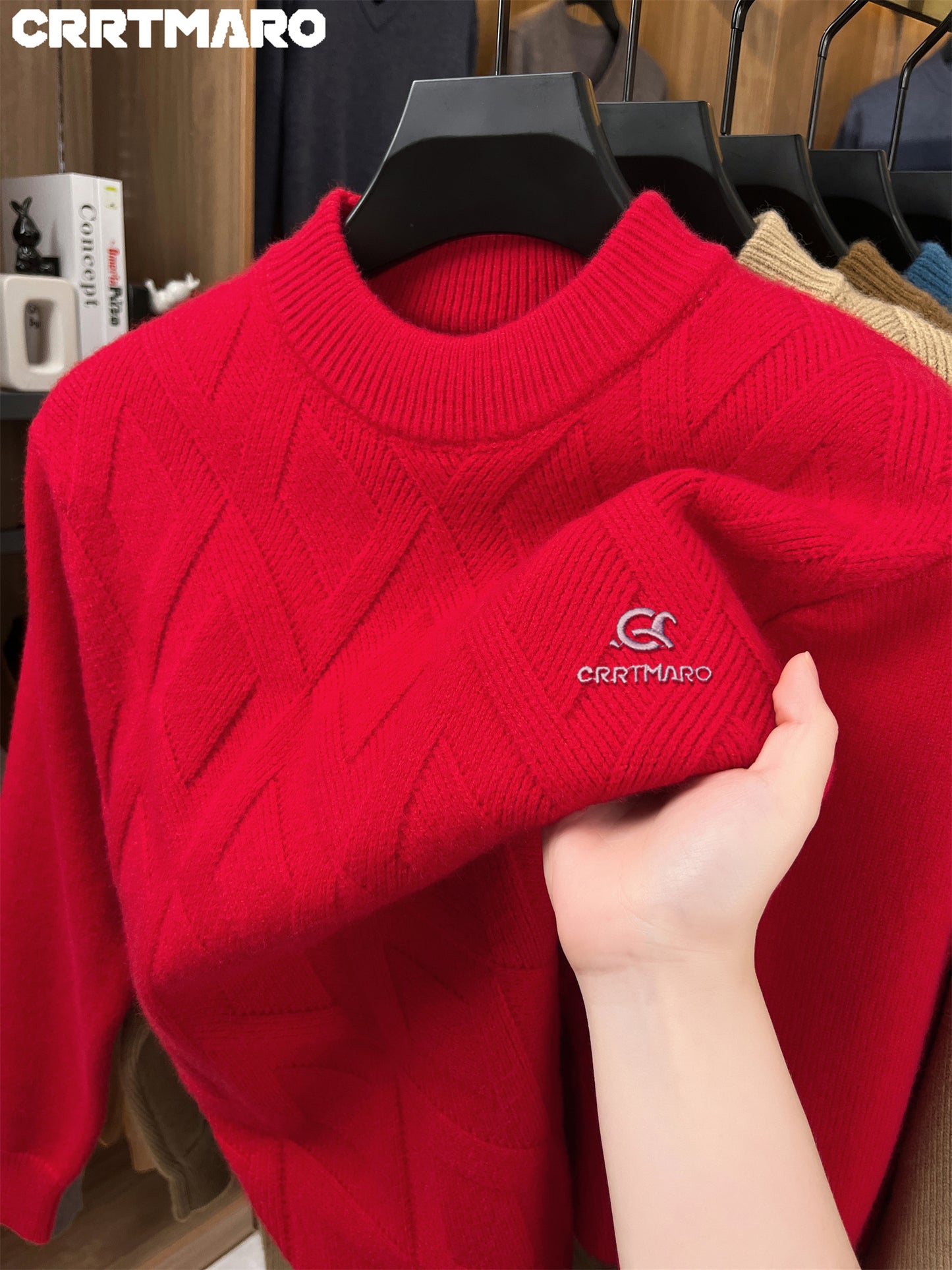 Maglione termico da uomo CARTMARO - Maglione invernale pesante con scollo rotondo, strato base spesso per il freddo per abiti formali e quotidiani - Marrone/rosso scuro - Maglione facile da curare per ufficio, feste, abbigliamento casual - Abbigliamento a