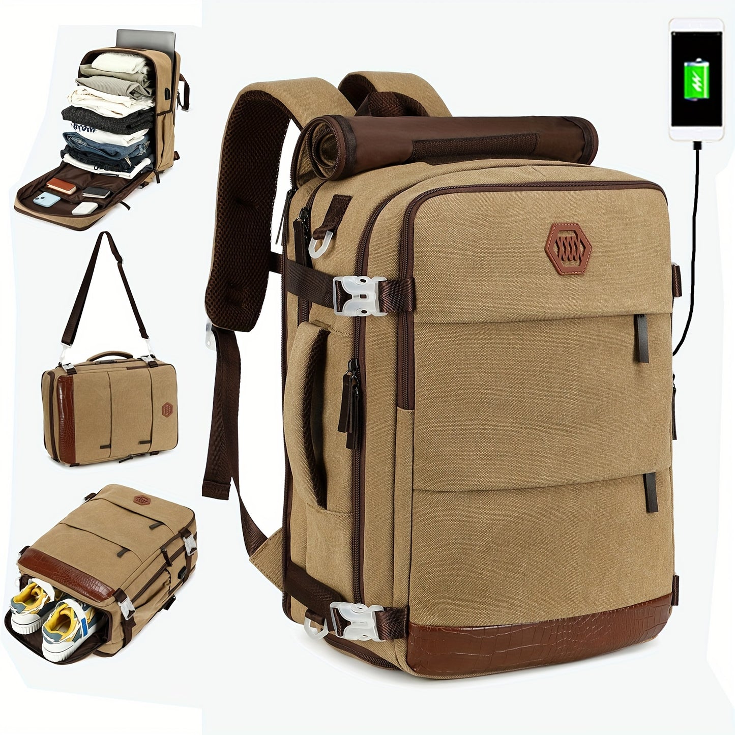 Zaino da Viaggio Approvato dalle Compagnie Aeree con Porta di Ricarica USB, Scomparto per Scarpe e Custodia per Laptop da 99,8 cm - Borsone Leggero per Università Uomini e Donne, Design Marrone & Beige, Spallacci Regolabili, Tasche Multiple, Solo Lavaggio