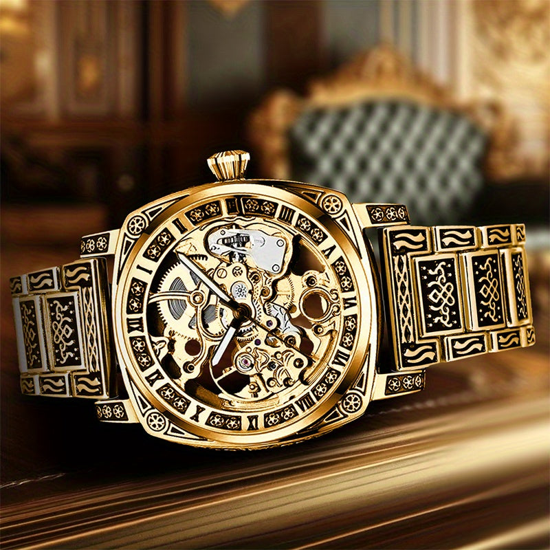 1pc Orologio meccanico creativo a striscia di acciaio giallo per uomo giovane, senza batteria