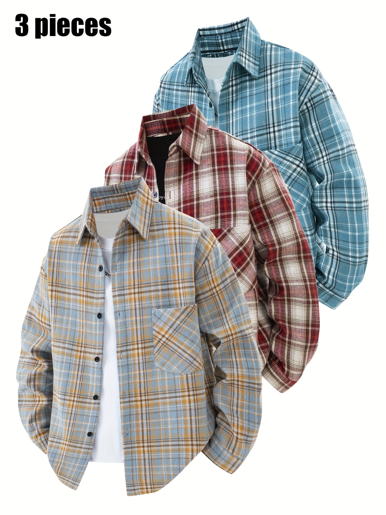 Set di 3 camicie a quadri da uomo - Camicie casual a vestibilità ampia con bottoni, colletto, maniche lunghe e tasche sul petto per abbigliamento primaverile/autunnale da esterno, capispalla versatili e alla moda, abbigliamento primaverile autunnale | Des