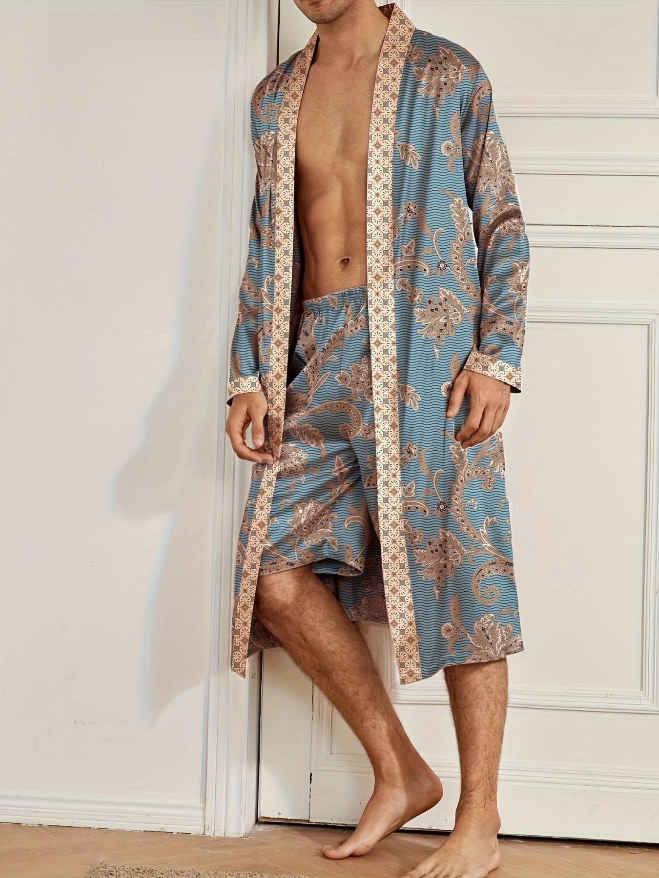 Accappatoio da uomo, pigiama elegante e leggero di lusso, stampa floreale elegante e raffinata, accappatoio con scollo a V a maniche lunghe e pantaloncini, set di vestaglia da notte per l'uso domestico