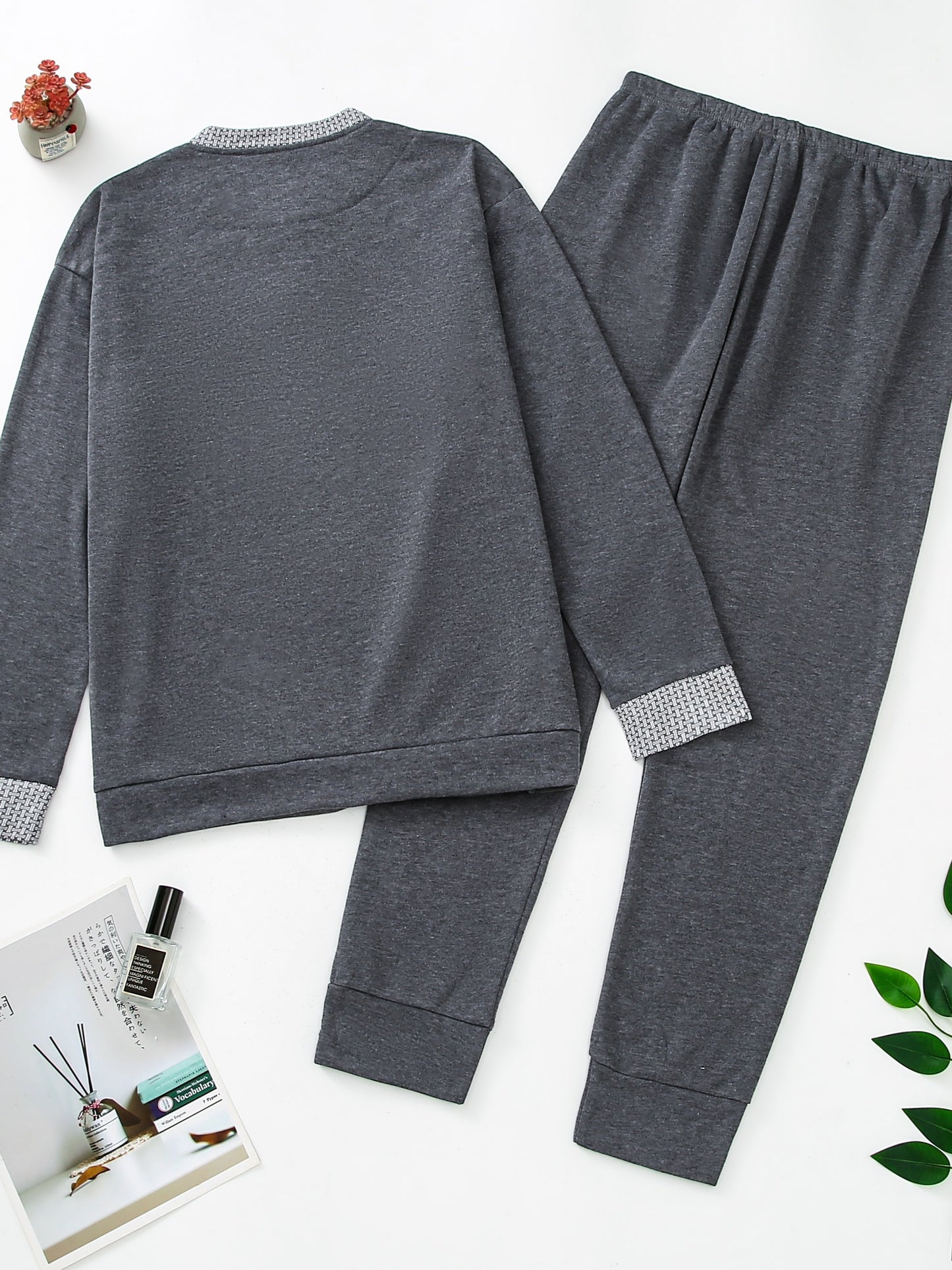 Pigiama invernale da uomo in pile, pigiama casual in poliestere lavorato a maglia, manica lunga, scollo Henley, motivo geometrico, vestibilità comoda, abbigliamento da notte per uso domestico