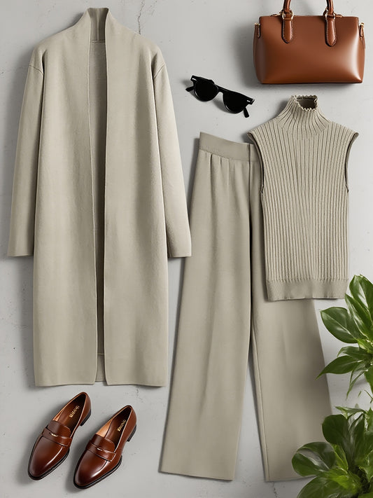 Set Invernale da Donna 3 Pezzi - Elegante Tuta Ispirata al Stile Coreano con Blazer a Collo, Pantaloni a Gamba Larga e Giacca | Lavabile a Mano per Ufficio e Semi-Formale, Beige/Marrone/Blu Navy/Taupe (Non Lavare a Secco)