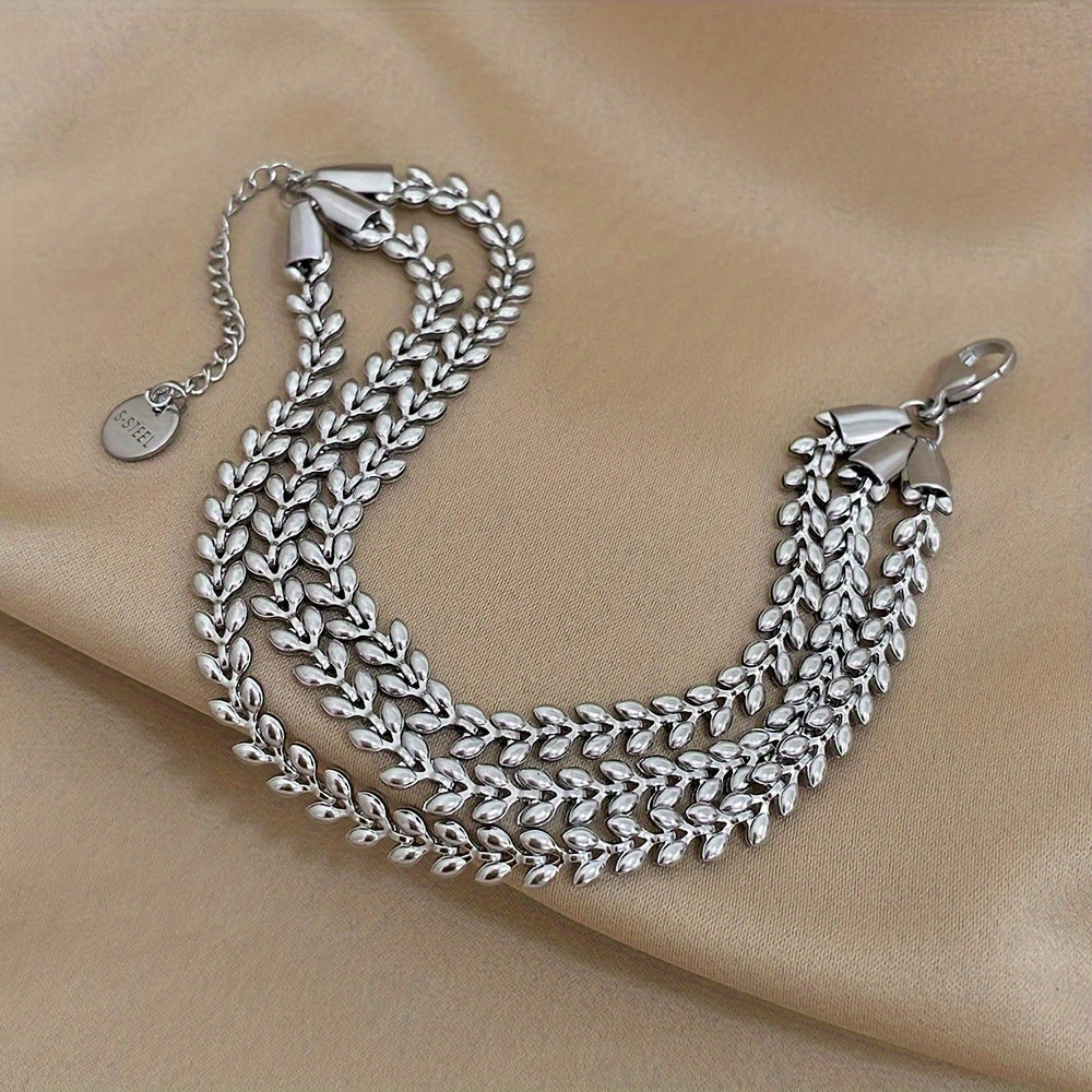 Women's Stainless Steel Wheat Design Golden-Tone Multi-Layer Chain Bracelet - Adjustable Lobster Clasp Statement Jewelry for Parties, Casual Attire & Special Occasions, Fashion Accessory, Elegant Style, Stylish Craftsmanship, Accessory Enthusiasts