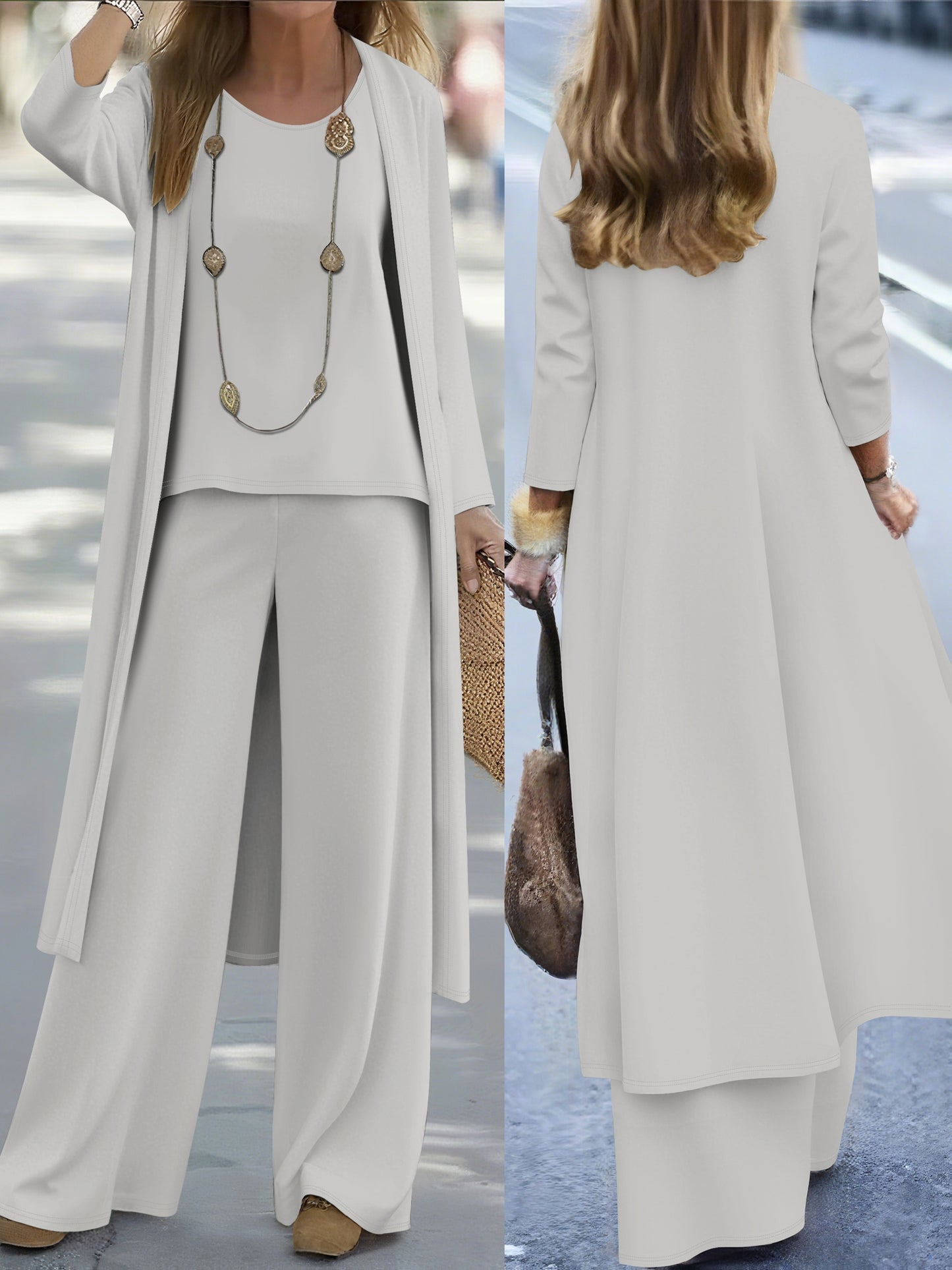 Women'S Casual Solid Color Cardigan Jacket and Vest Pants Three-Piece Set - Long Sleeve, Open Front, All-Season Comfort, Casual Attire|Casual Style|Open Front Jacket