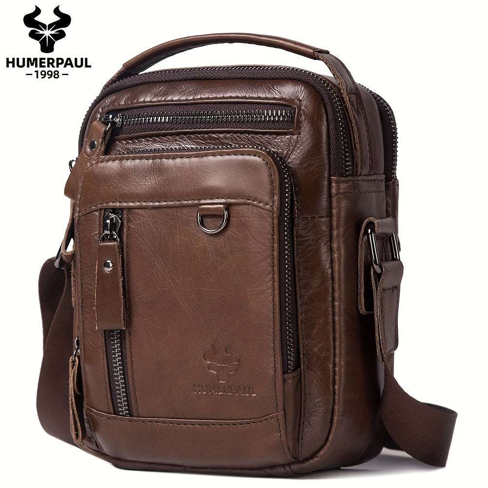 Zaino a Tracolla Uomo HUMERPAUL in Vera Pelle - Convertibile Zaino/Clutch, Chiusura con Cerniera Frontale, Spalline Regolabili (100cm), Tasche Laterali - Marrone Caffè per Lavoro, Viaggi e Uso Quotidiano - Borsa Design Resistente e Facile da Pulire