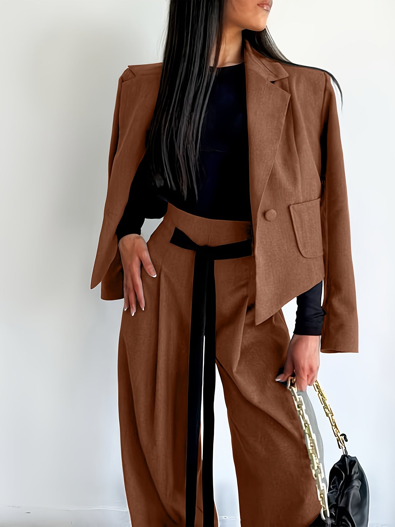 BK052044 Elegant Suit Jacket and Waist-Tie Loose Straight-Leg Wide-Leg Pants Women's Two-Piece Suit