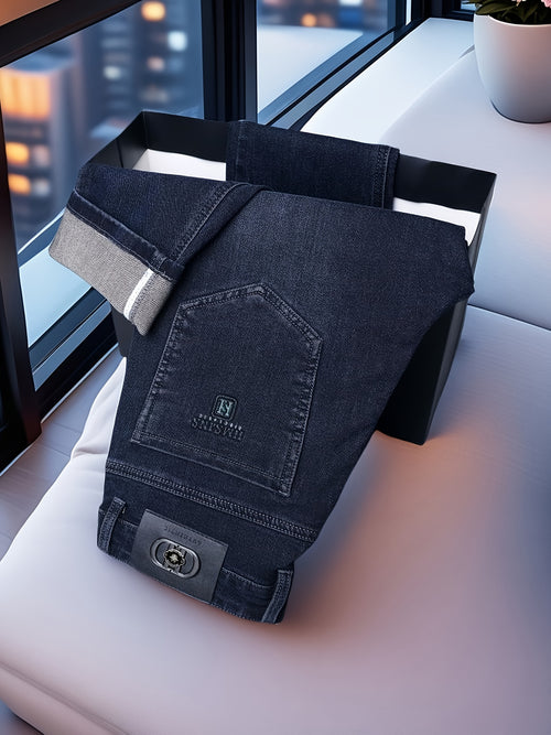 Pantaloni di lusso da uomo in denim finto - Pantaloni dritti con vita media e chiusura a cerniera - Pantaloni formali e casual per ufficio, riunioni, eventi - Design classico non trasparente - Ideali per l'abbigliamento professionale e quotidiano, denim f