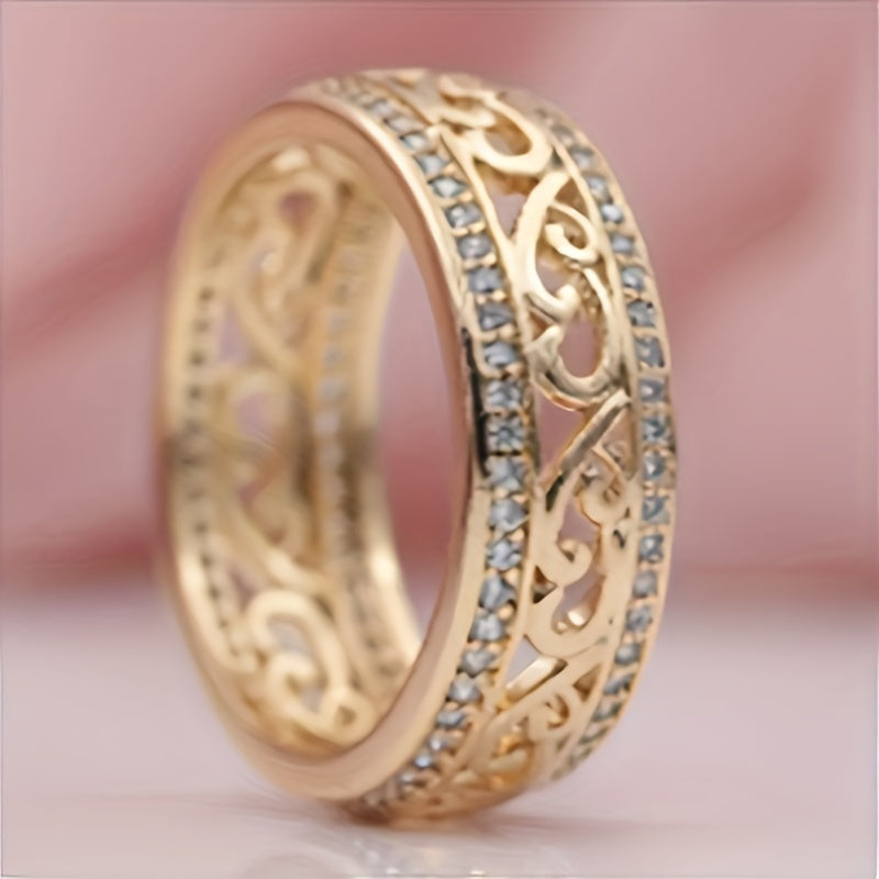 1 pezzo, Anello largo con texture floreale incisa, stile elegante e lussuoso, con pietre di strass luccicanti incastonate, accessorio delicato e alla moda per l'uso quotidiano e le feste, idea regalo per gli amici.