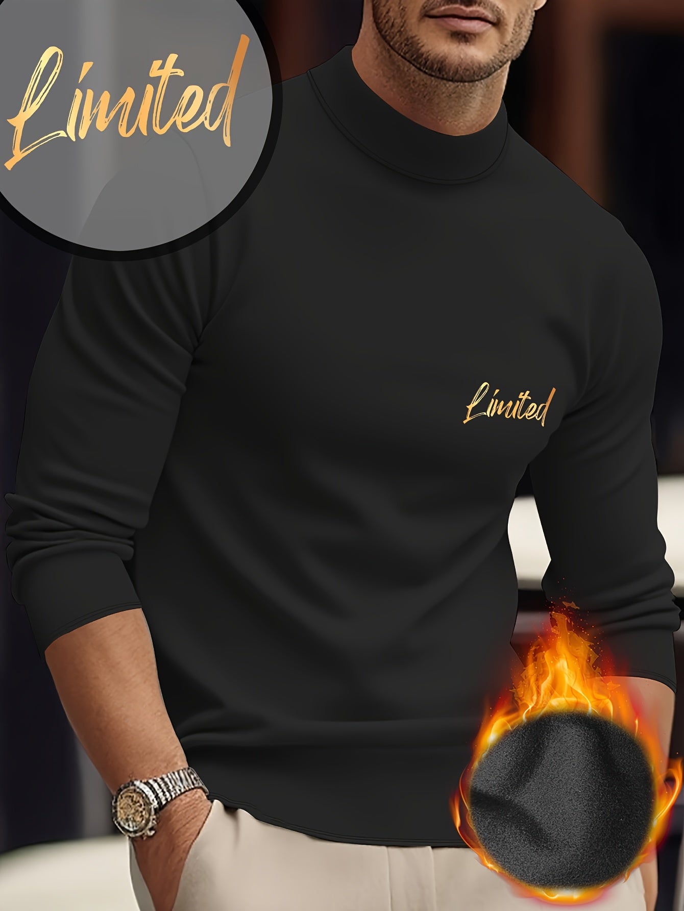 Maglietta termica a maniche lunghe e girocollo per uomo - Stampa geometrica, elastica e calda, design sportivo casual per l'autunno/inverno, bianca con lettere dorate, perfetta per sovrapporre o come outfit standalone, abbigliamento invernale | Maniche lu