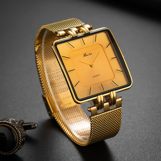 MISSFOX Orologio da Uomo Quadrato - Cassa in Acciaio Inossidabile Dorata e Cinturino a Maglia, Analogico al Quarzo con Lancette Nere su Faccina dorata ed Eccentrico Marrone, Elegante per Abbigliamento Formale o Casuale, Stile Vintage Dial Dorato Lanciai N
