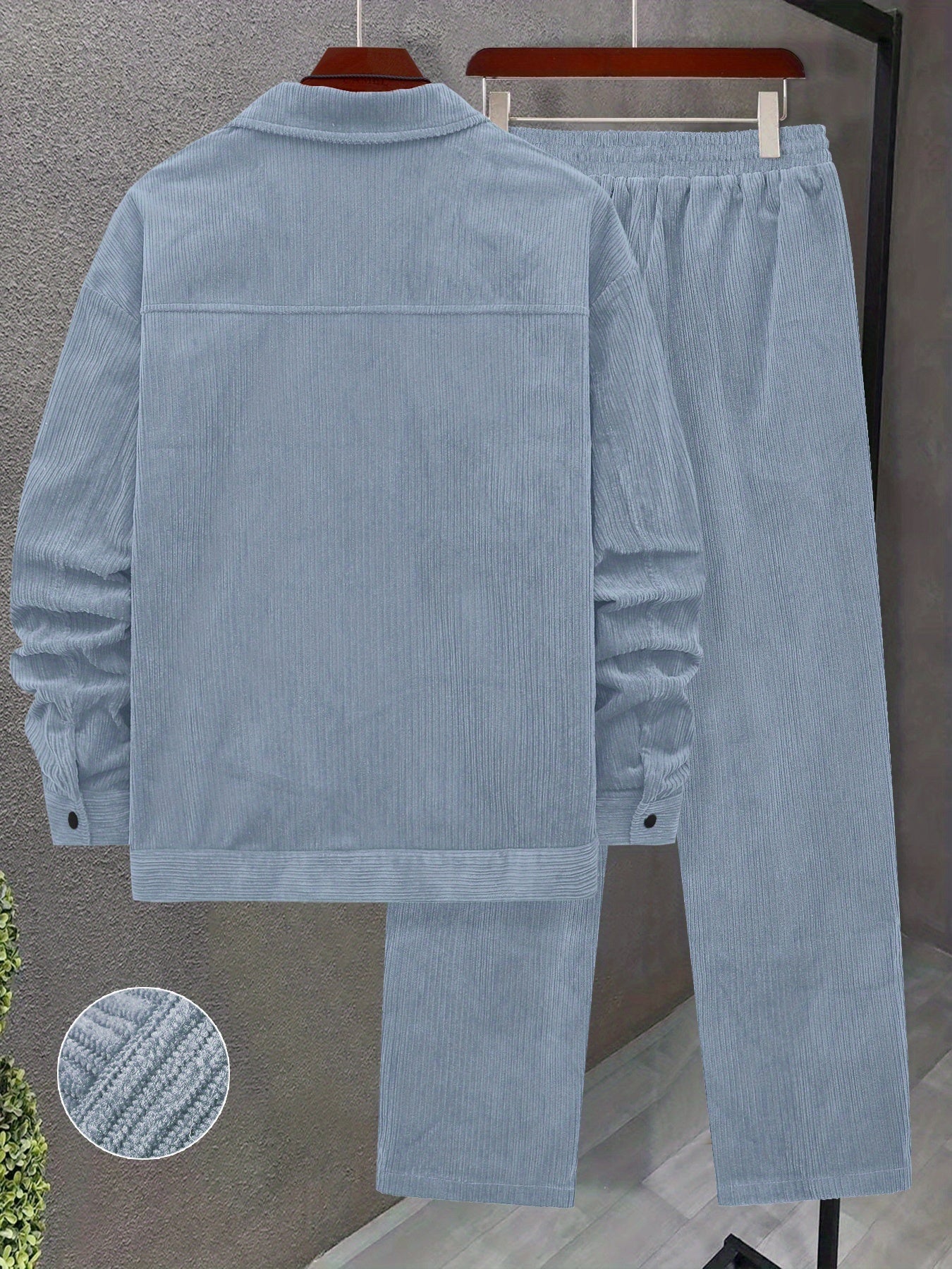 Set autunnale e invernale da uomo 2 pezzi con tessuto a coste intrecciate, tasche a doppia lavorazione, giacca a maniche lunghe e pantaloni larghi con coulisse, abito maturo per uscite casuali/ufficio/appuntamenti, 100% poliestere, lavabile a mano e in la