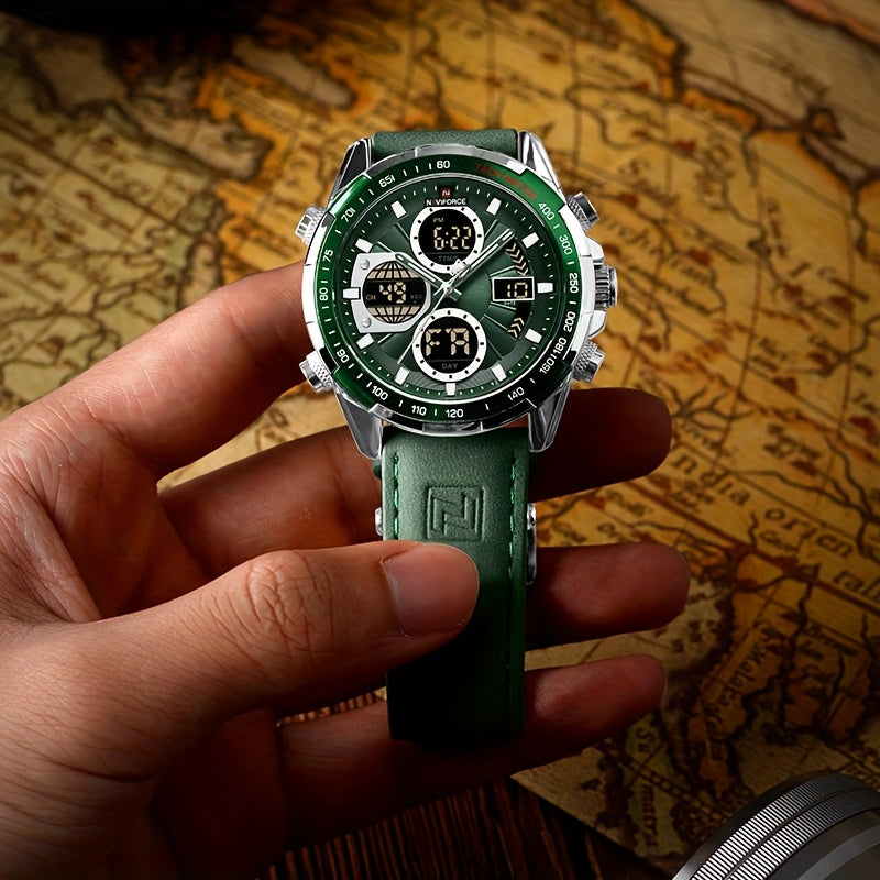 Orologio Sportivo di Lusso da Uomo NAVIFORCE al Quarzo - Impermeabile, Cinturino in Vera Pelle, Doppia Esposizione con Funzioni Data e Cronografo, Cassa in Acciaio Inossidabile, Accenti Verdi, Orologio di Lusso|Dotato di Tacimetro|Cinturino in Vera Pelle
