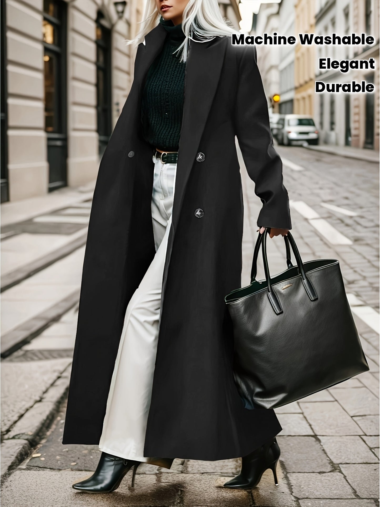Women's Elegant Green Coat - Long Formal & Professional Outerwear, Machine Washable Winter Trench with Structured H-Silhouette for Office, Parties, Everyday - Sophisticated Outerwear, Office Ready Apparel, Smooth Texture, Durable Fabric, Office Wear, High