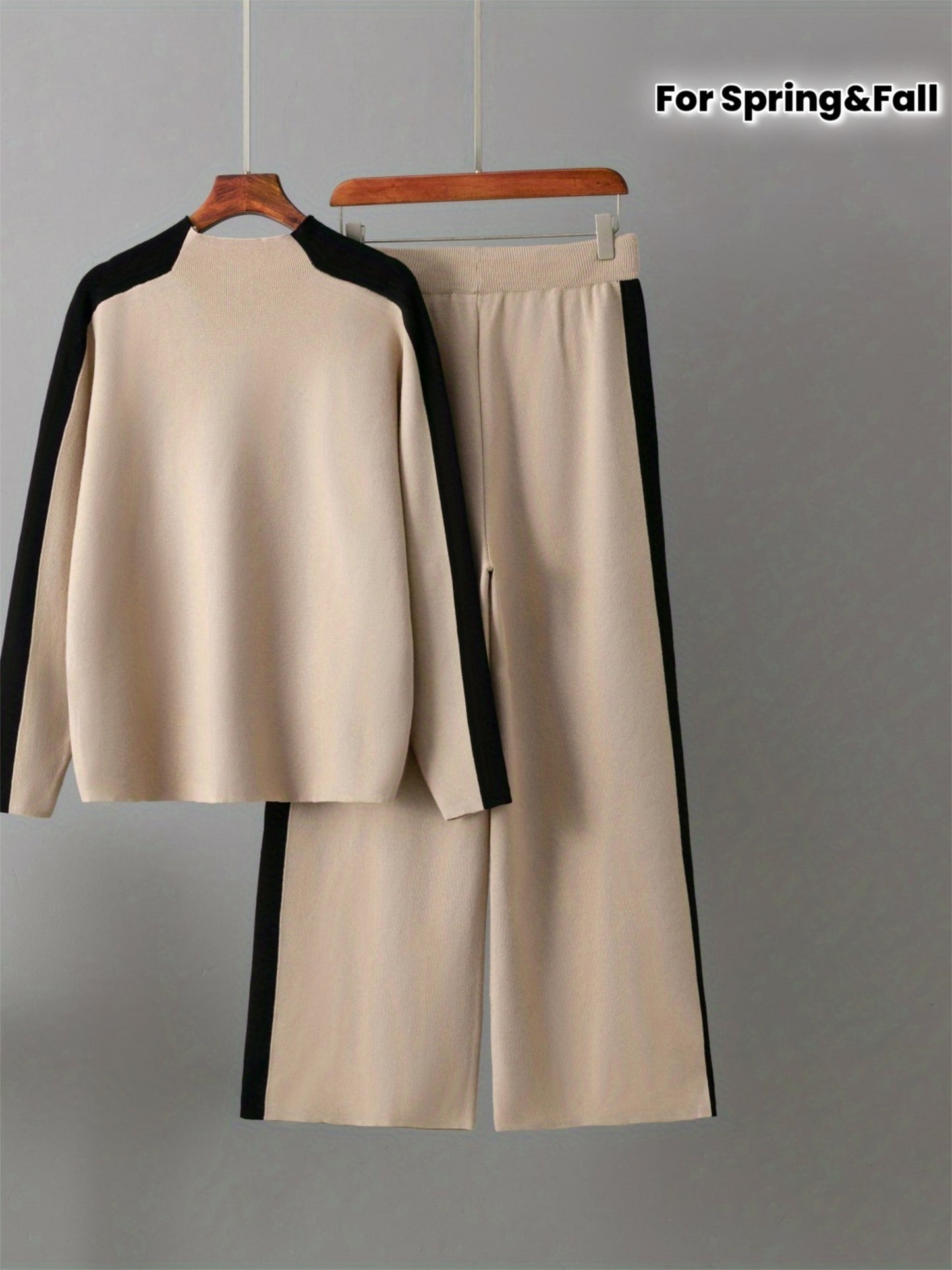 Set casual da donna 2025 - Maglione a mezza gola beige con bordo nero e pantaloni a gamba larga, elegante maglieria per la primavera e l'autunno, abbigliamento casual|Stile casual|Costruzione, Maglieria da donna, Abito formale per donna, Abito casual e el