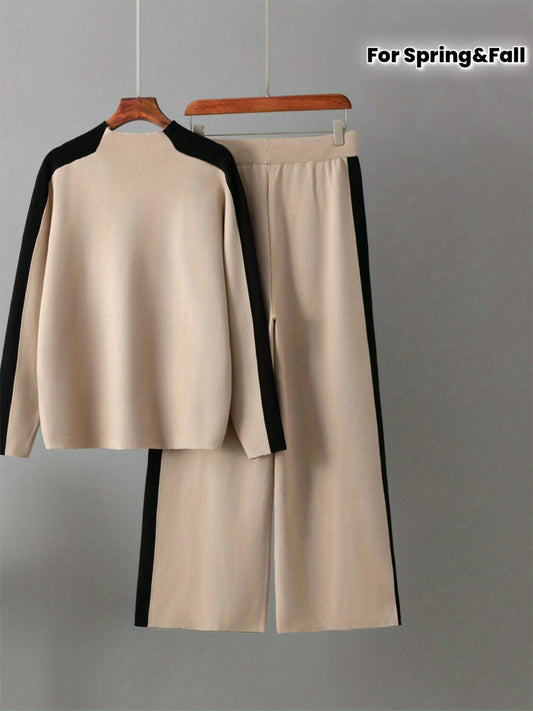 Set casual da donna 2025 - Maglione a mezza gola beige con bordo nero e pantaloni a gamba larga, elegante maglieria per la primavera e l'autunno, abbigliamento casual|Stile casual|Costruzione, Maglieria da donna, Abito formale per donna, Abito casual e el
