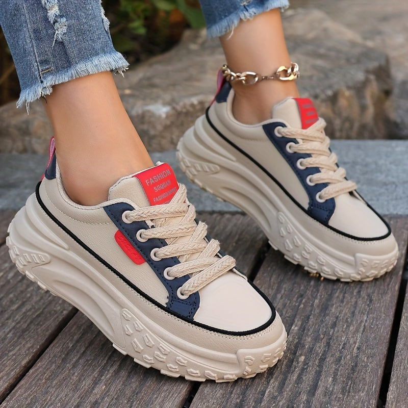 Sneakers da donna alla moda con piattaforma chunky, basse, con lacci, casual, con suola in gomma e sottopiede in microfibra, calzature da passeggio a tinta unita per tutte le stagioni