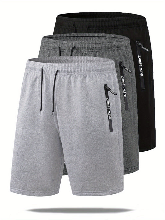 Set di 3 pantaloncini sportivi casual estivi da uomo con elastico in vita e coulisse, con tasche con cerniera, ideali per allenamenti, corsa, palestra e sport all'aria aperta.