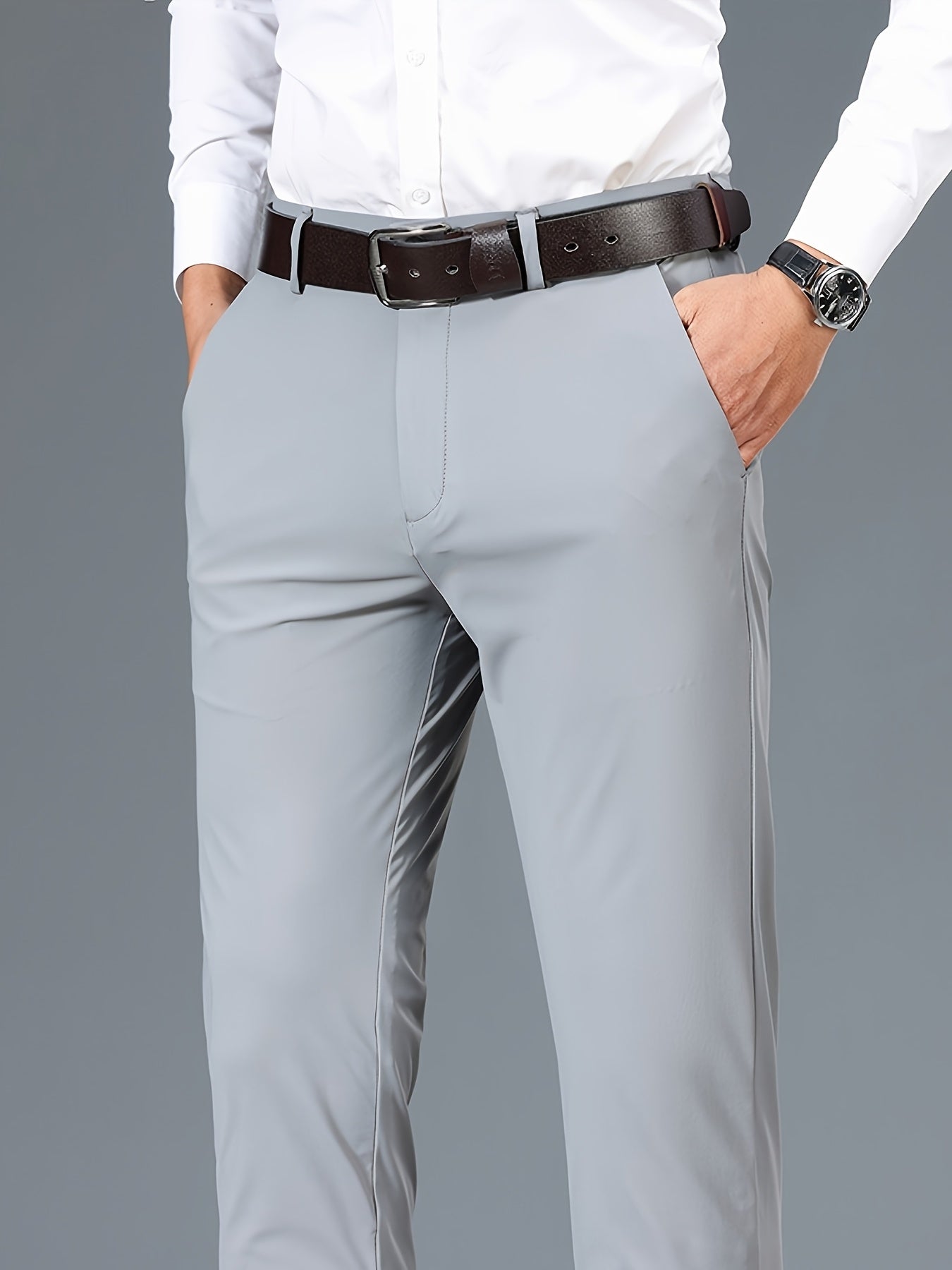 2025 Nuovi Pantaloni da Uomo in Tessuto Fibra Slicky Ice ad Alta Elasticità - tocco liscio, traspirante e elasticizzato, vestibilità regolare a vita media con dettagli di bottoni per ufficio e casual, comfort per tutte le stagioni, abbigliamento da uffici