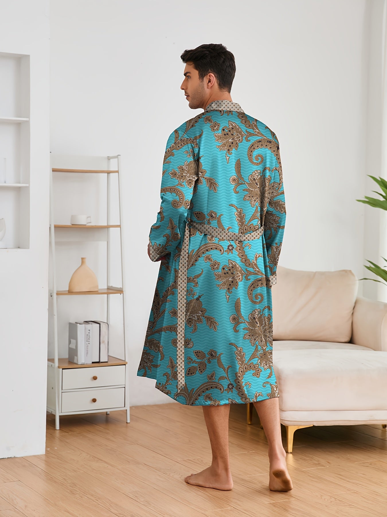 Accappatoio da uomo, pigiama elegante e leggero di lusso, stampa floreale elegante e raffinata, accappatoio con scollo a V a maniche lunghe e pantaloncini, set di vestaglia da notte per l'uso domestico