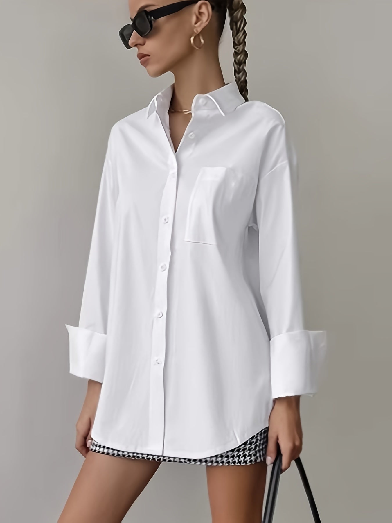 Stile Senza Sforzo, Camicia Bianca Elegante da Donna con Tasca - Manica Lunga, Colletto con Bottoni, Poliestere Non Elasticizzato - Lavabile in Lavatrice