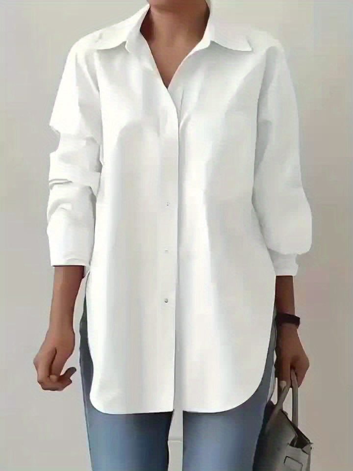 Women'S Elegant Solid Color Button-Up Shirt with Long Sleeves - Red, Casual Style, Perfect for Spring/Summer, Casual Attire|Elegant Buttonup|Long Sleeve Shirt