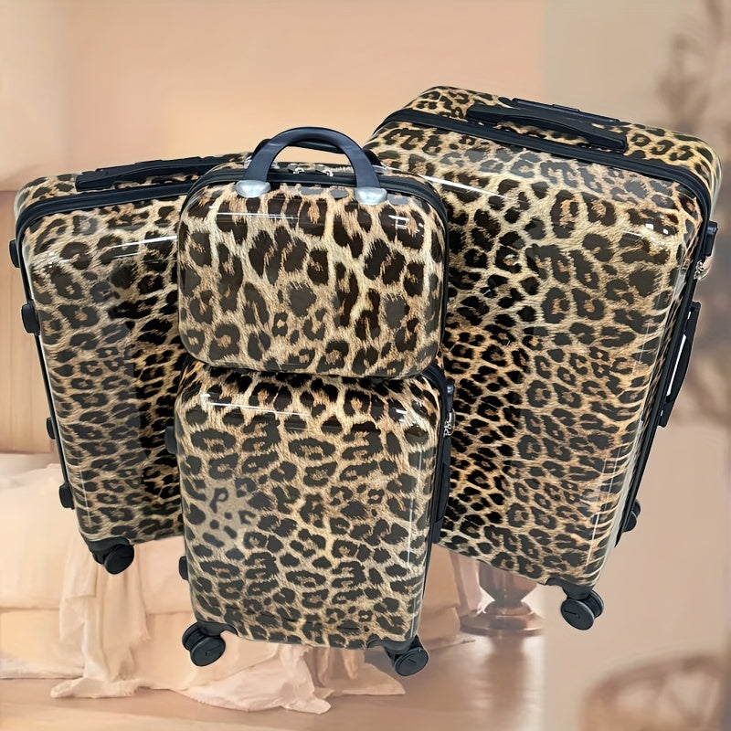 Valigia con Motivo Leopardo 14+20+24+28 14+20 Pollici con Ruote Girevoli a 360°, Borsa a Mano in Materiale ABS+pz, Confezione Regalo per Compleanno