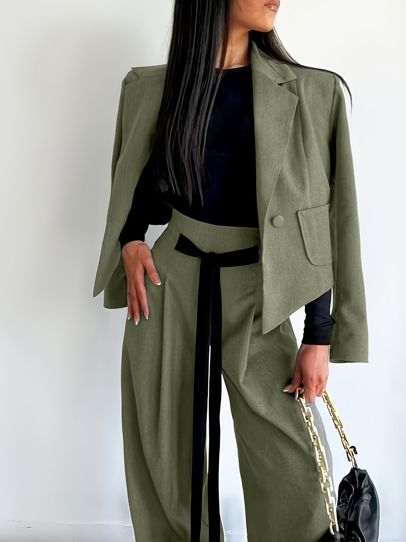 BK052044 Elegant Suit Jacket and Waist-Tie Loose Straight-Leg Wide-Leg Pants Women's Two-Piece Suit