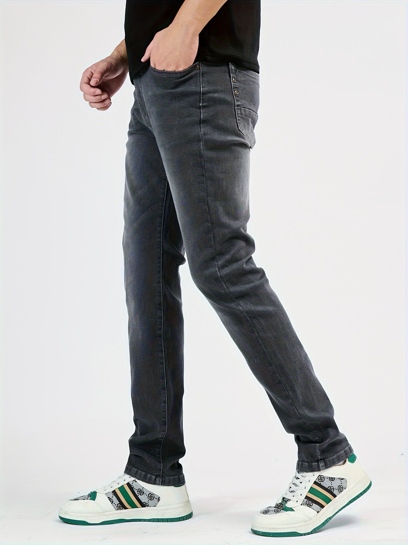 1pezzo Pantaloni casual da uomo slim-fit in denim sintetico, con chiusura a bottoni, comodi per tutte le stagioni, lavaggio leggero, kaki, versatili per abbigliamento casual, abbigliamento confortevole | Slim Fit Faux Denim | Tessuto resistente