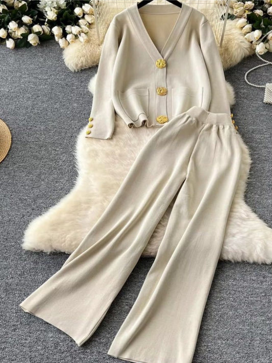 Set di cardigan e pantaloni in maglia elegante a due pezzi, cardigan con bottoni a maniche lunghe e scollo a V, pantaloni a gamba dritta, abbigliamento da donna