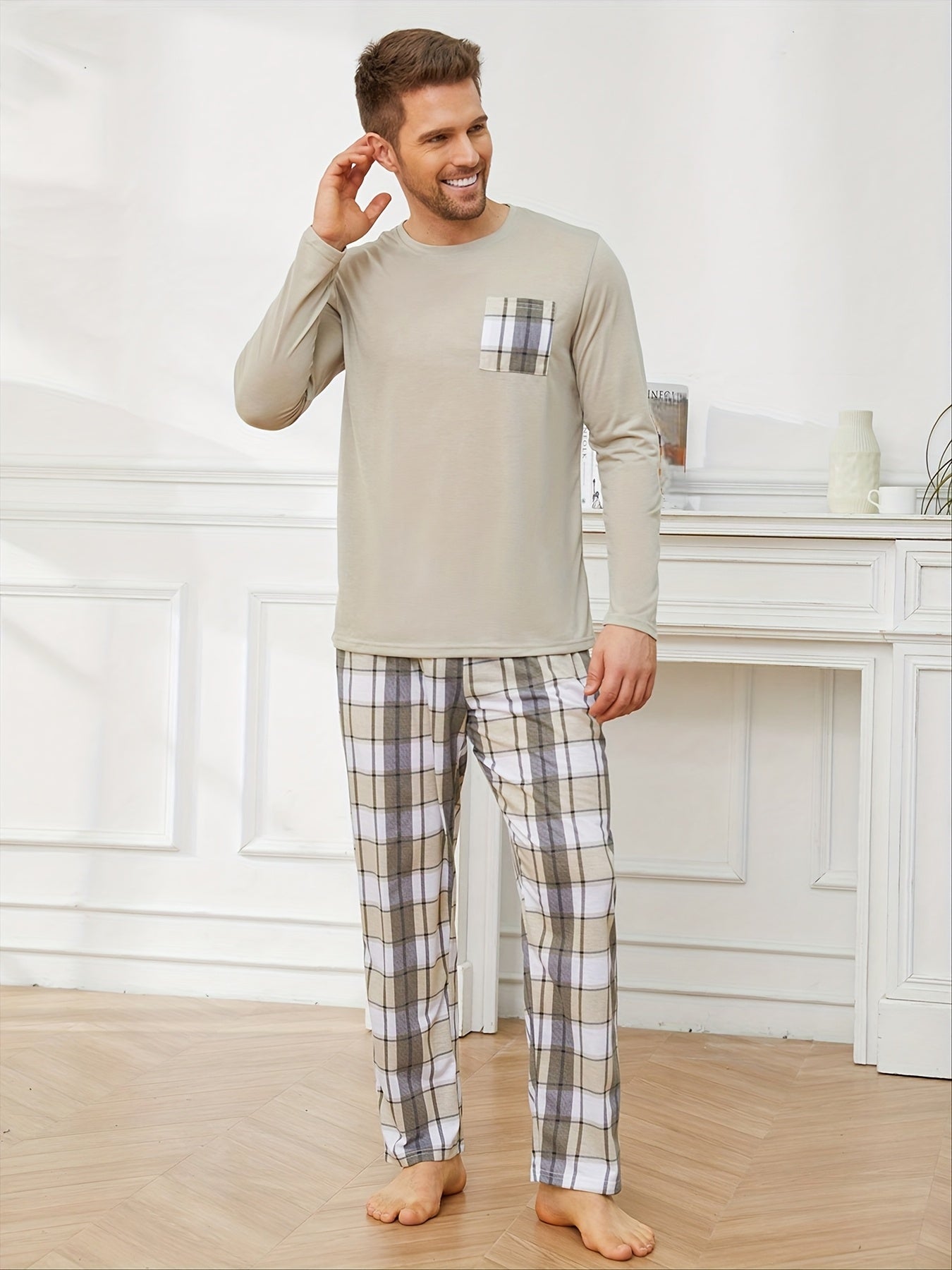 Set da pigiama primaverile/autunnale da uomo, maglietta casual con maniche lunghe e stampa a maniche lunghe, pantaloni lunghi casual da uomo, pigiama da uomo