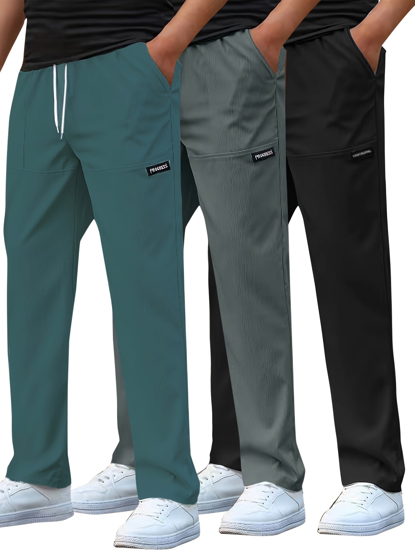 Set di 3 Pantaloni Casual da Uomo Leggeri - Gamba Dritta, Vita con Coulisse, Colore Unito (Nero, Grigio, Bianco), Abbigliamento da Lavoro Primavera/Estate, Lavabili in Lavatrice