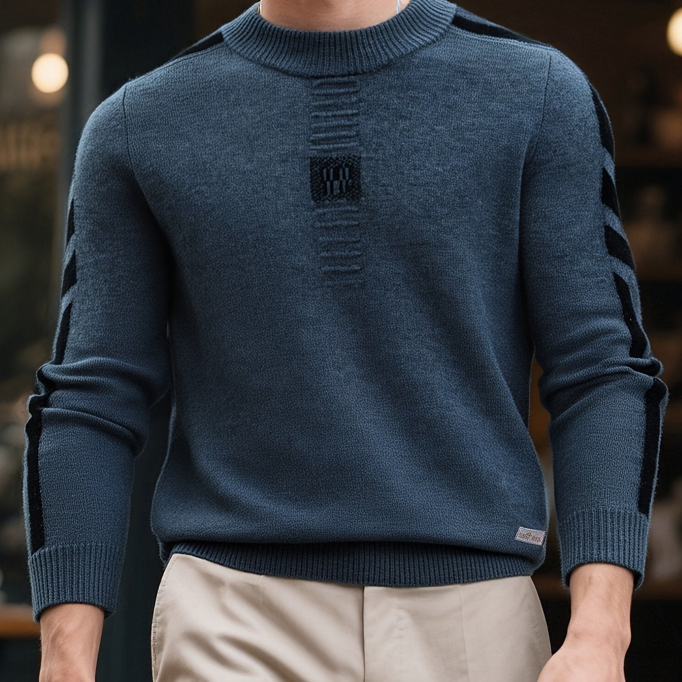 Maglione da uomo con scollo a giro e strisce laterali - Spesso, con maniche lunghe per l'autunno/inverno, strato casual per riunioni all'aperto e abbigliamento quotidiano, abbigliamento invernale | Maglione con strisce laterali | Tessuto lavorato a maglia