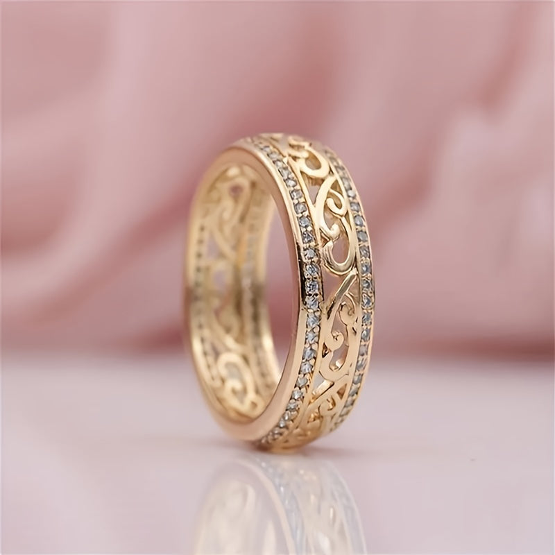 1 pezzo, Anello largo con texture floreale incisa, stile elegante e lussuoso, con pietre di strass luccicanti incastonate, accessorio delicato e alla moda per l'uso quotidiano e le feste, idea regalo per gli amici.