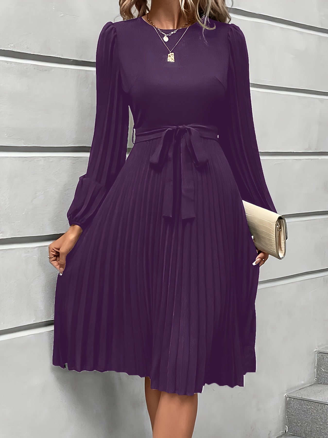 Women'S Elegant Formal & Everyday dress - Long Lantern Sleeves, Adjustable Waist Tie Belt, Flattering A-Line Silhouette, Knee-Length Party Wedding Office Outfit in - Easy-Care Women'S Clothing, Versatile Wardrobe Staple, Sophisticated Pleated Skirt, Durab