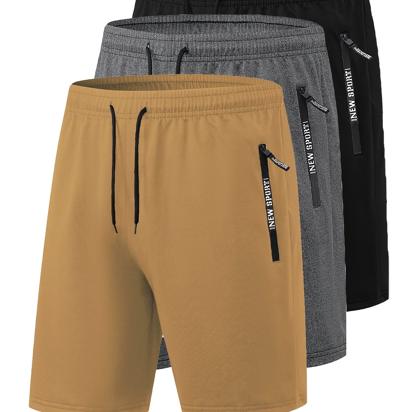 Set di 3 pantaloncini sportivi casual estivi da uomo con elastico in vita e coulisse, con tasche con cerniera, ideali per allenamenti, corsa, palestra e sport all'aria aperta.