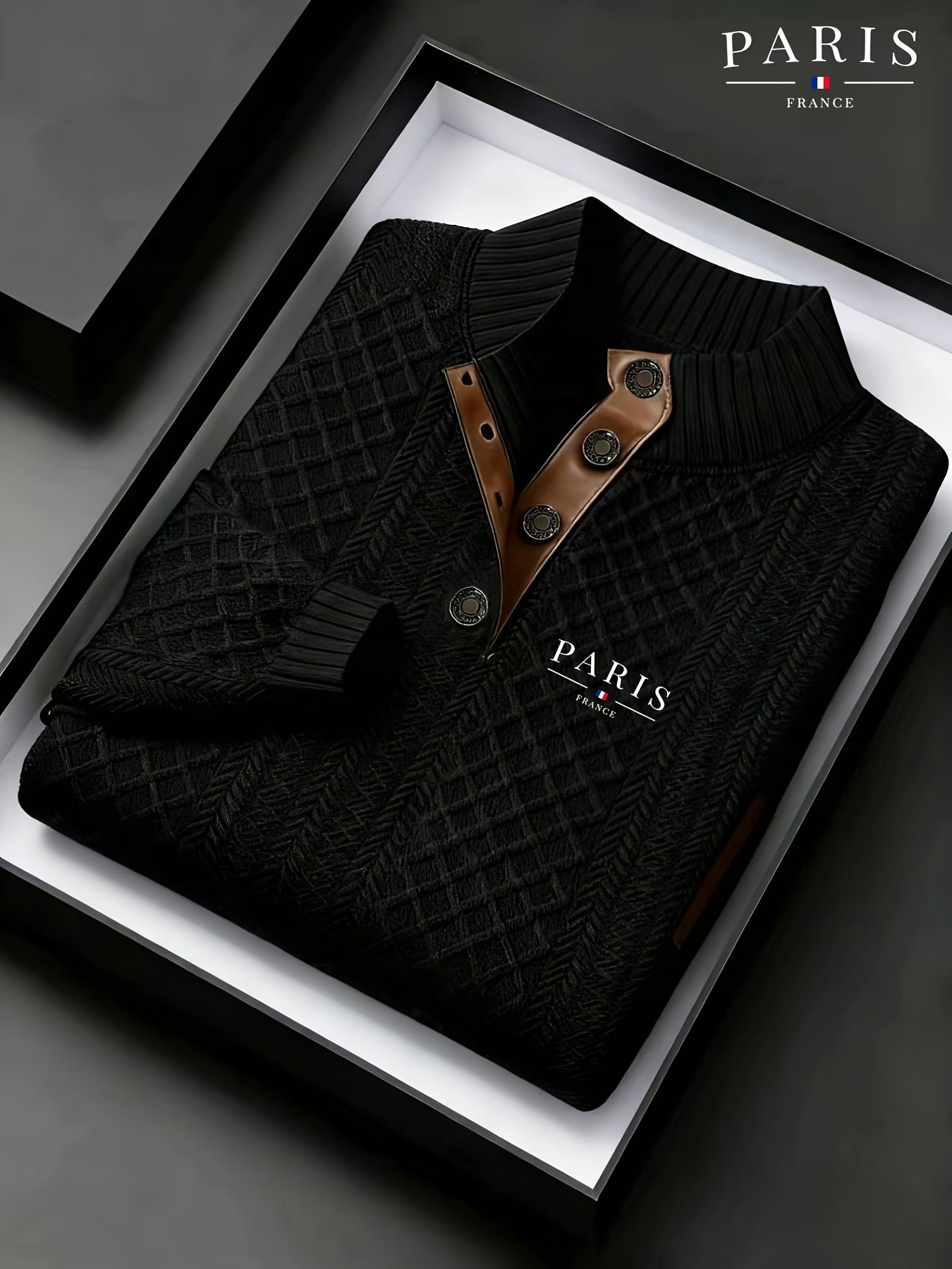 Maglione da uomo pesante in maglia 280g/m² - Blu navy e marrone, colletto con risvolto e bottoni, maglione invernale a maniche lunghe per clima freddo, ufficio, outfit casual - Regalo ideale per uomo, maglione, abbigliamento da ufficio, maglieria texturiz