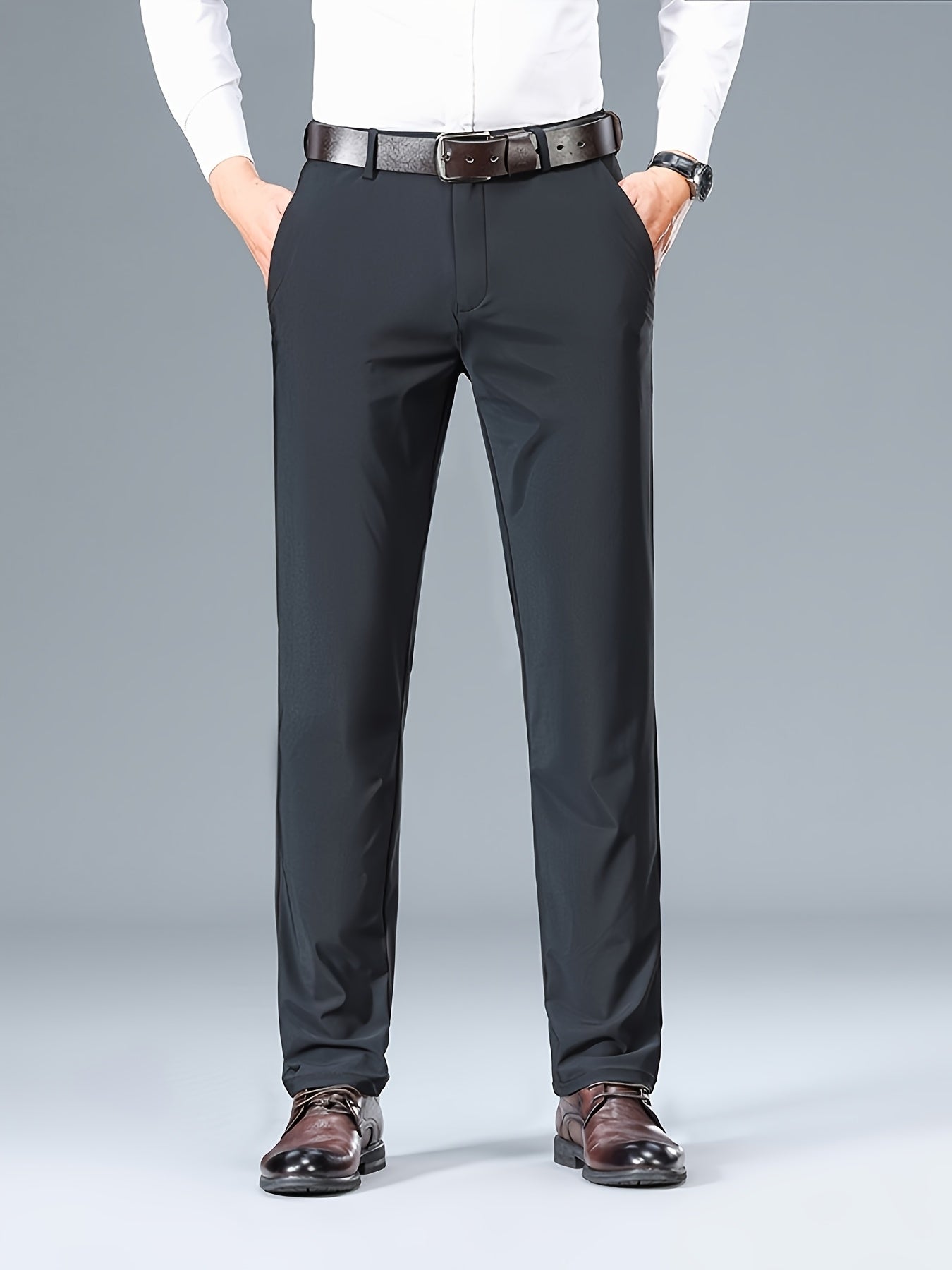 2025 Nuovi Pantaloni da Uomo in Tessuto Fibra Slicky Ice ad Alta Elasticità - tocco liscio, traspirante e elasticizzato, vestibilità regolare a vita media con dettagli di bottoni per ufficio e casual, comfort per tutte le stagioni, abbigliamento da uffici