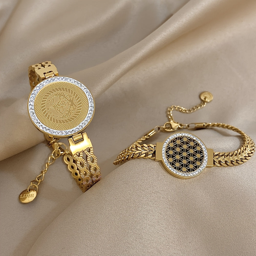 1pz Braccialetto In Acciaio Inossidabile Con Fiori E Uccelli, Rotondo Con Strass In Rilievo, Braccialetto A Cerchio Del Fiore Della Vita