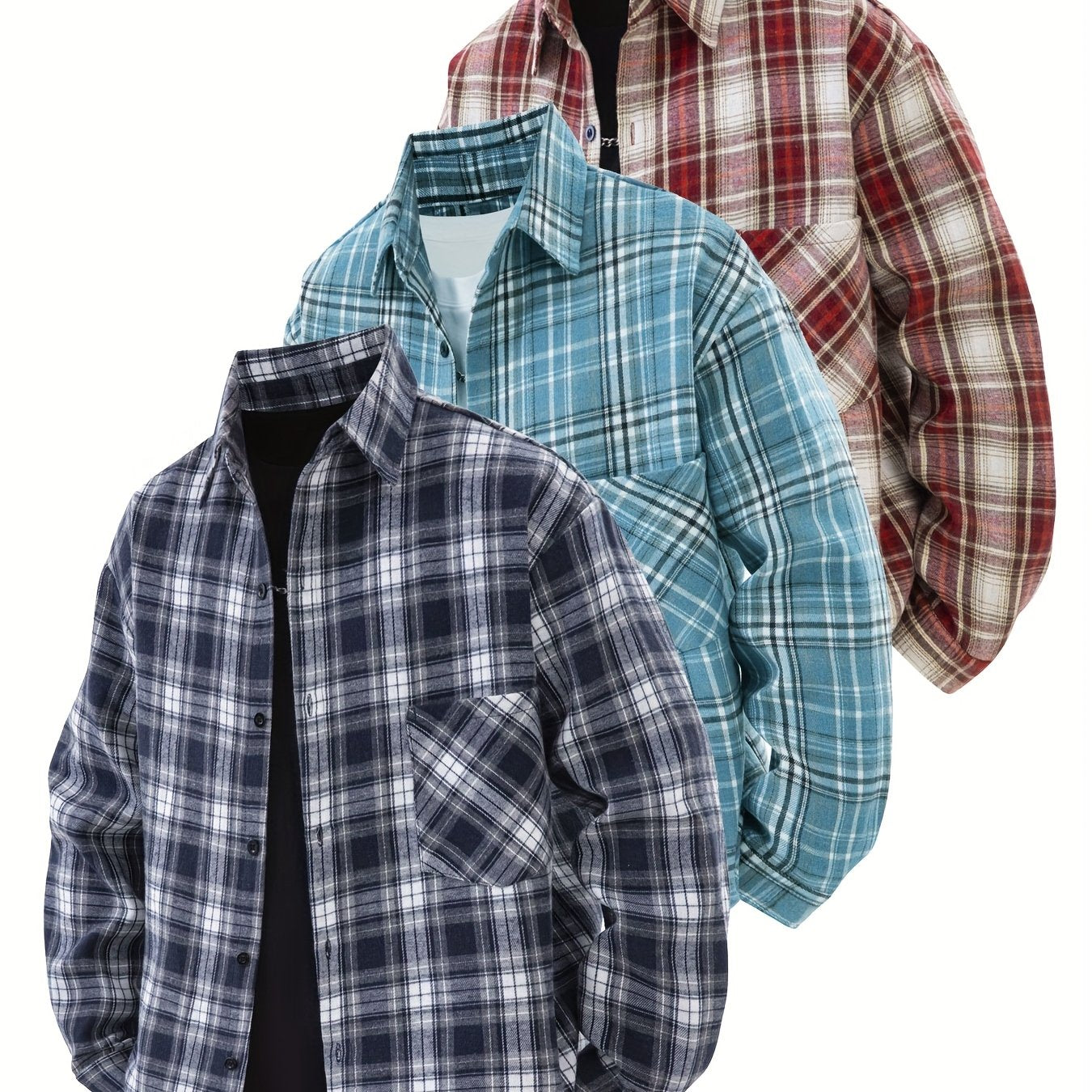 Set di 3 camicie a quadri da uomo - Camicie casual a vestibilità ampia con bottoni, colletto, maniche lunghe e tasche sul petto per abbigliamento primaverile/autunnale da esterno, capispalla versatili e alla moda, abbigliamento primaverile autunnale | Des