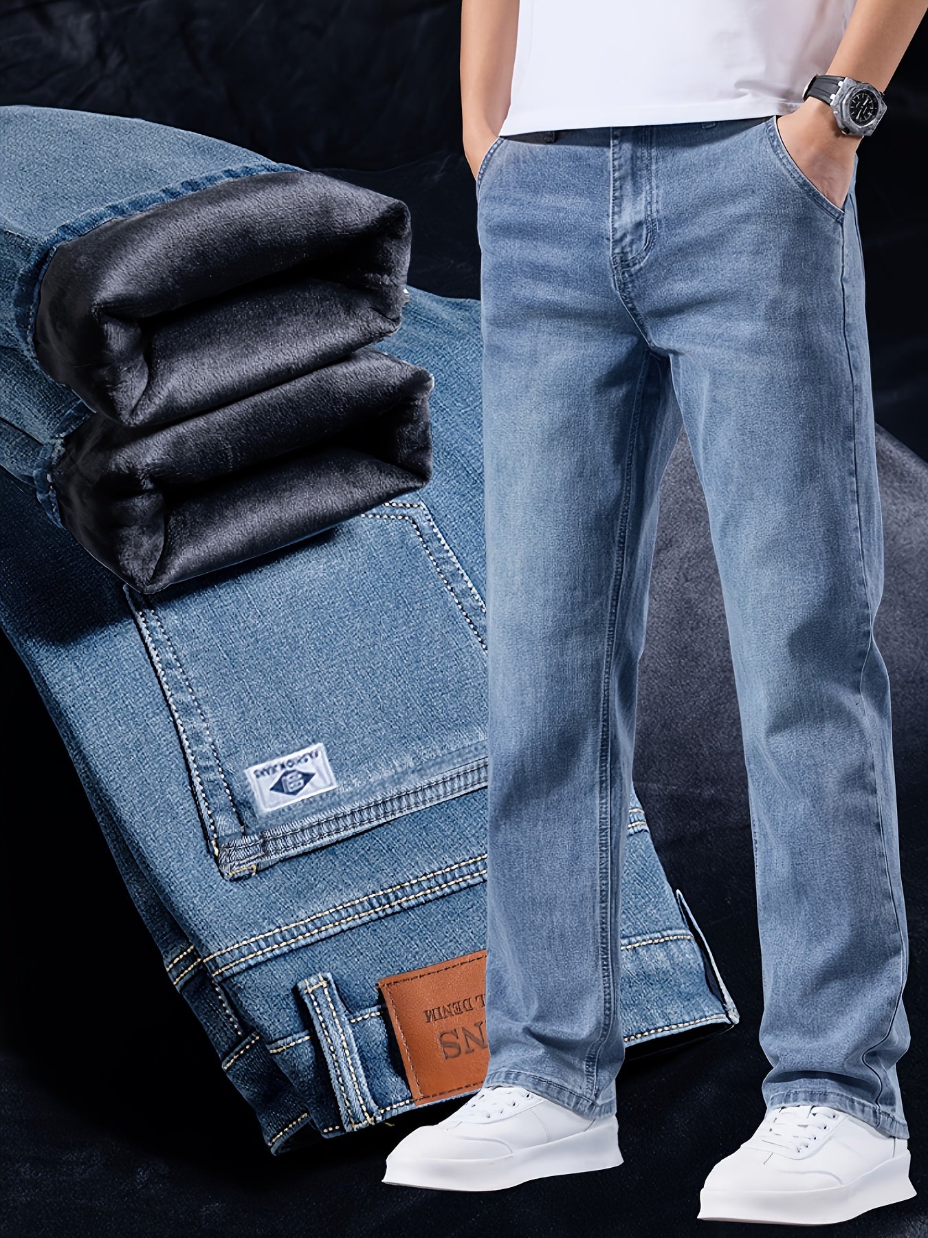 092+1# Nuova Arrivo Invernale Jeans Minimalisti Spessi Foderati in Pile Elasticizzati