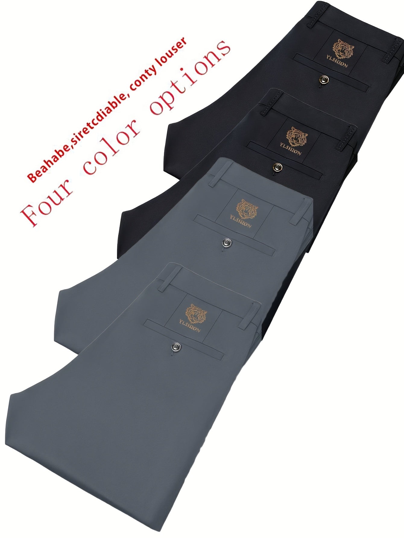 4pcs Pantaloni Eleganti Casual da Uomo a Gamba Dritta - Tessuto Elasticizzato Poliestere/Elastan, Tasche con Stampa Animalier, Comfort per Tutte le Stagioni, Solo Lavaggio a Mano (Beige/Navy/Grigio Carbone/Rosso)