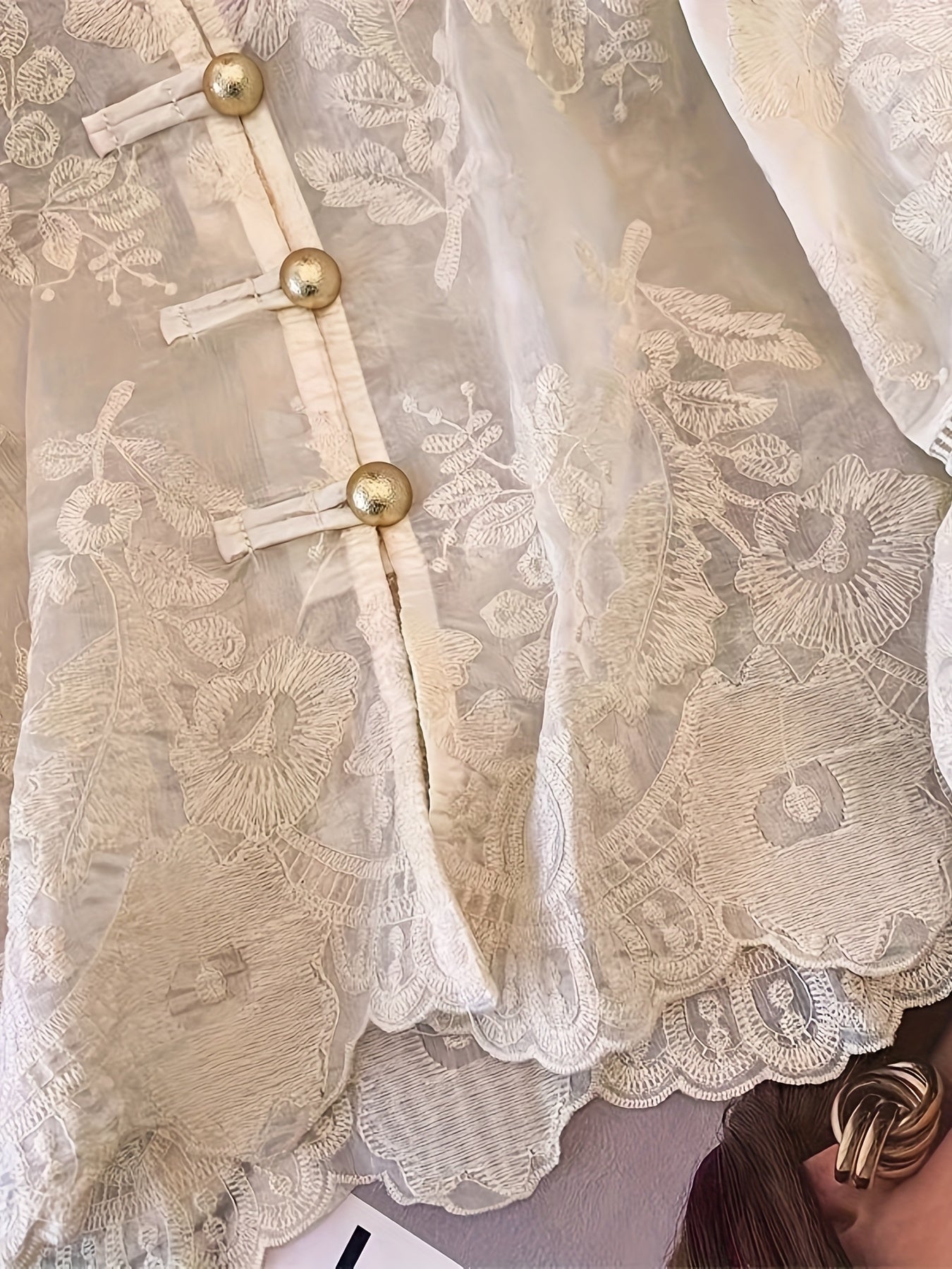 Women's Elegant Chinese-Style Embellished Blouse - Semi-Sheer Stand Collar Button-Front Jacket with Golden-Tone Floral/Butterfly/Lanterns/Clouds Patches, White Traditional Asian-Inspired Top for Weddings & Cultural Events (Machine, Elegant Two Piece Sets