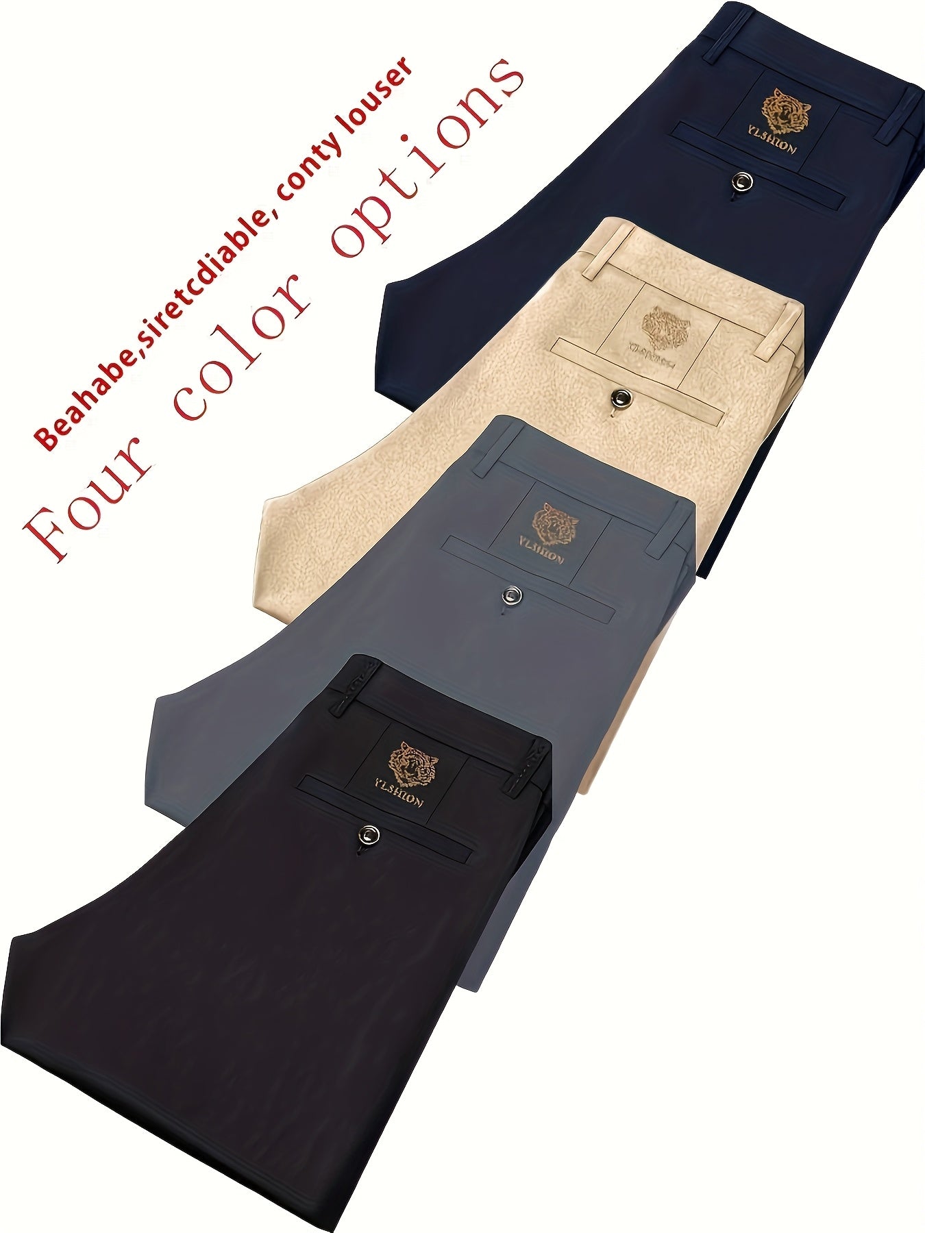 4pcs Pantaloni Eleganti Casual da Uomo a Gamba Dritta - Tessuto Elasticizzato Poliestere/Elastan, Tasche con Stampa Animalier, Comfort per Tutte le Stagioni, Solo Lavaggio a Mano (Beige/Navy/Grigio Carbone/Rosso)