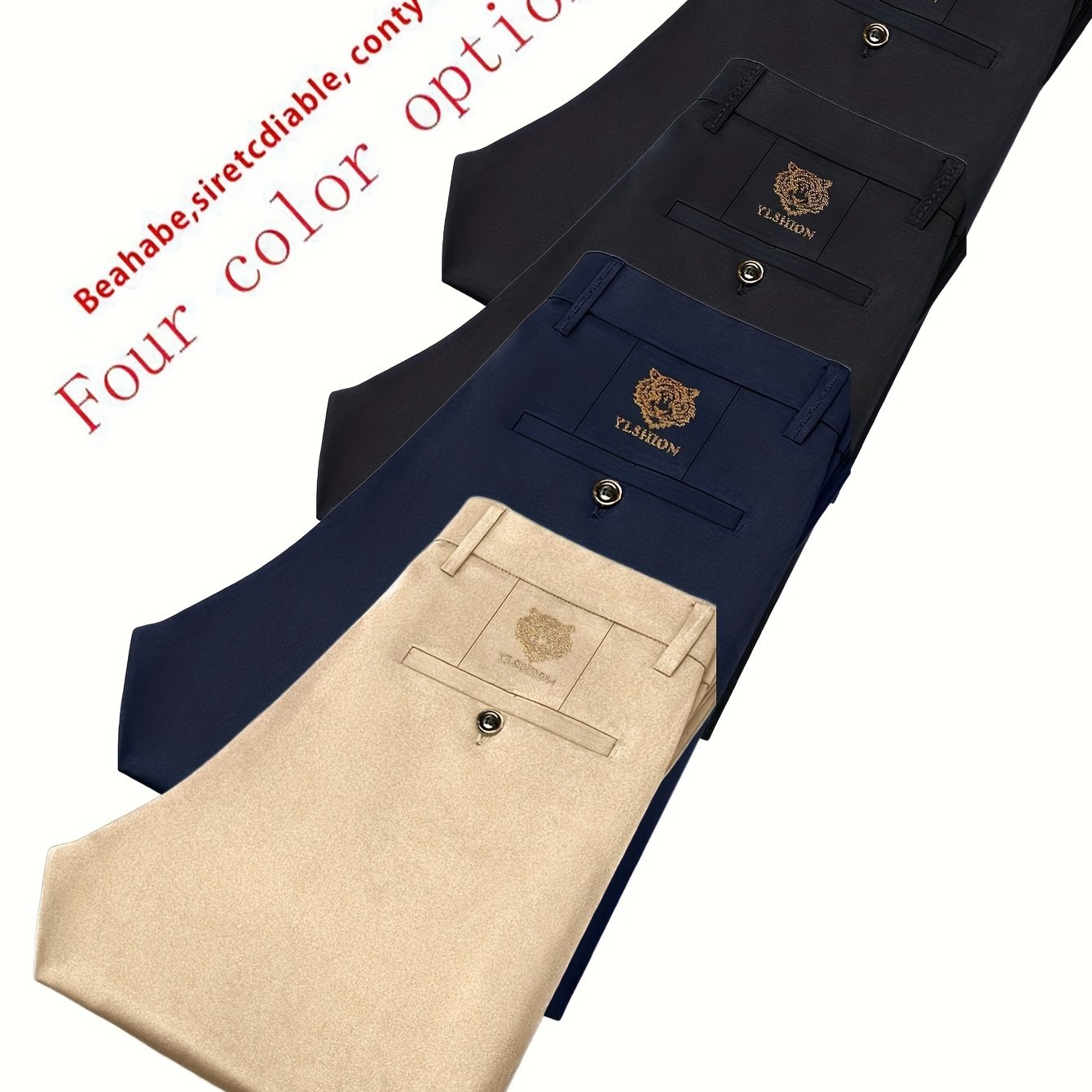 4pcs Pantaloni Eleganti Casual da Uomo a Gamba Dritta - Tessuto Elasticizzato Poliestere/Elastan, Tasche con Stampa Animalier, Comfort per Tutte le Stagioni, Solo Lavaggio a Mano (Beige/Navy/Grigio Carbone/Rosso)